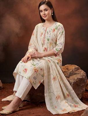 Floral Printed Pleated Thread Work Cotton Kurta with Trousers & With Dupatta 4