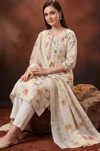 Floral Printed Pleated Thread Work Cotton Kurta with Trousers & With Dupatta