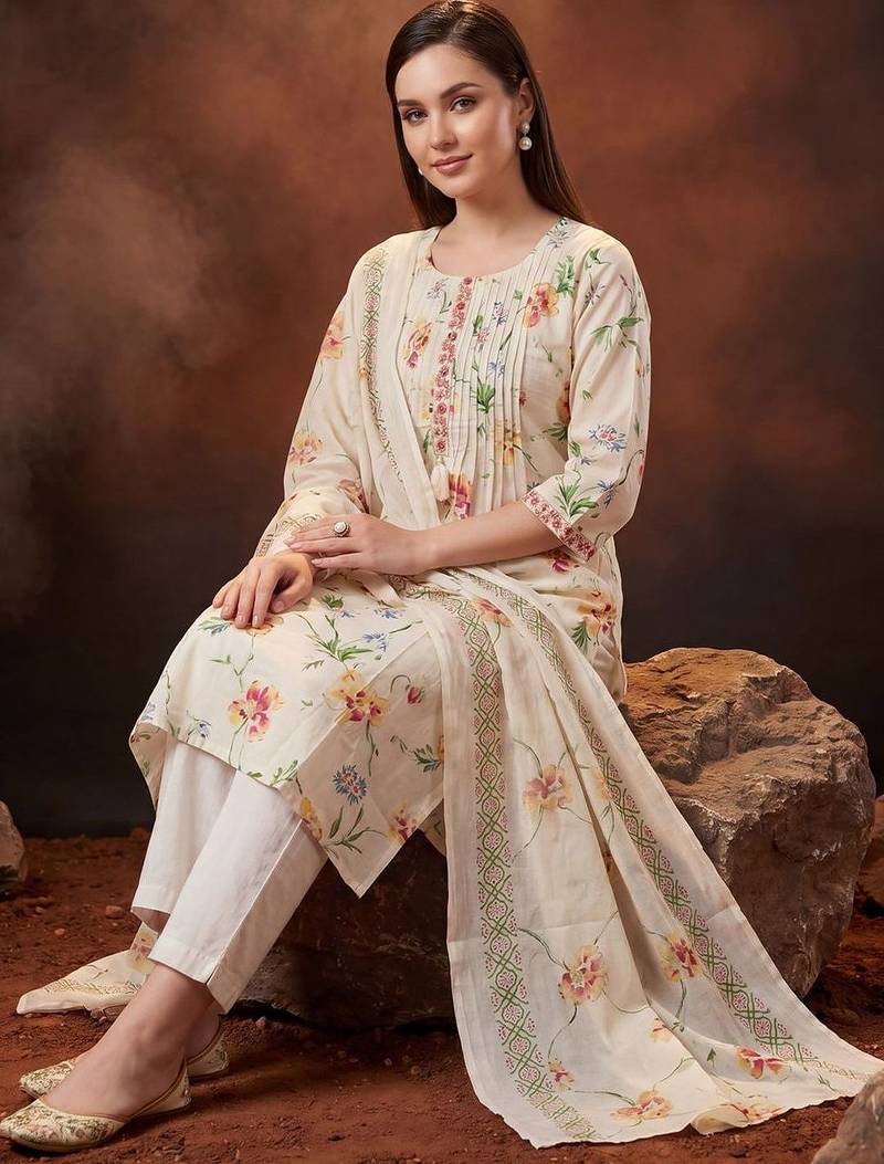 Floral Printed Pleated Thread Work Cotton Kurta with Trousers & With Dupatta