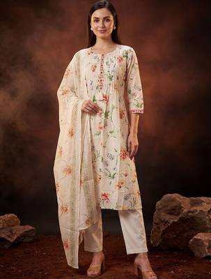 Floral Printed Pleated Thread Work Cotton Kurta with Trousers & With Dupatta 5