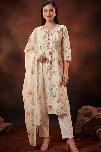 Floral Printed Pleated Thread Work Cotton Kurta with Trousers & With Dupatta