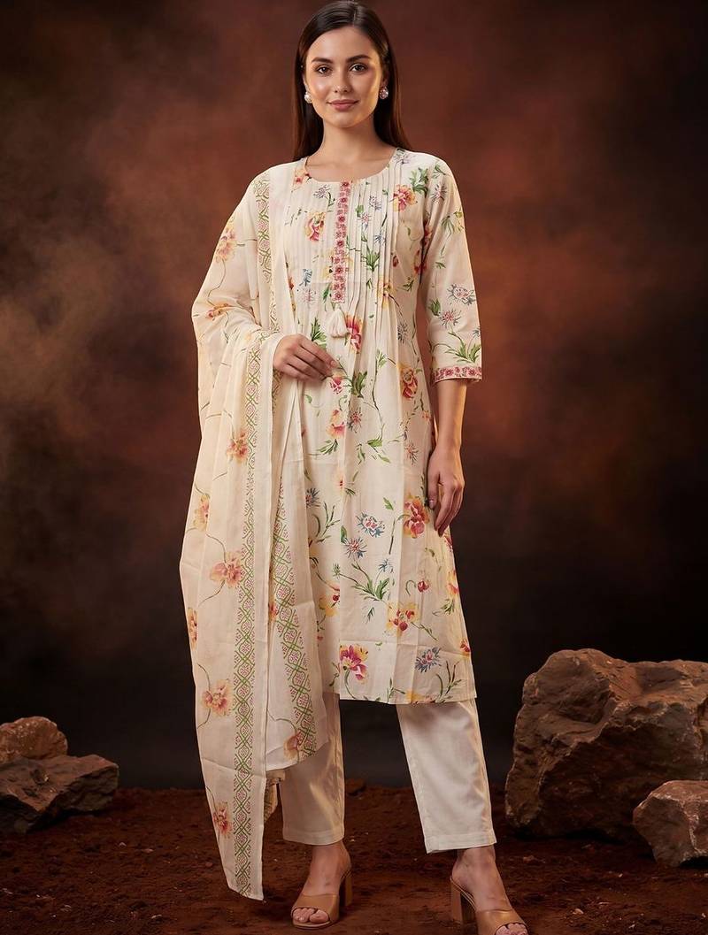 Floral Printed Pleated Thread Work Cotton Kurta with Trousers & With Dupatta