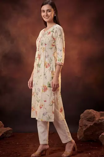 Floral Printed Pleated Thread Work Cotton Kurta with Trousers & With Dupatta