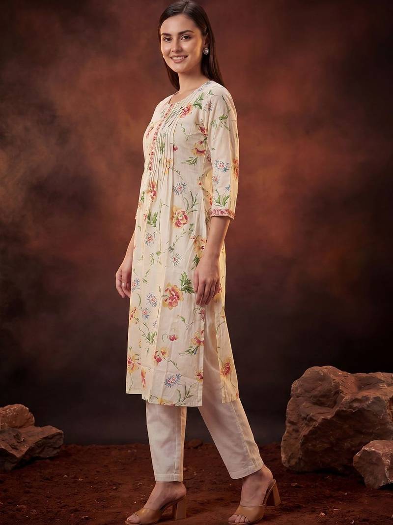 Floral Printed Pleated Thread Work Cotton Kurta with Trousers & With Dupatta