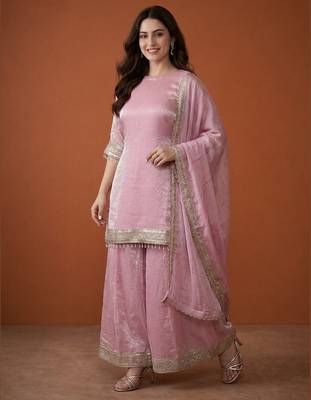 Embroidered Satin Straight Kurta Sharara and Dupatta Set 1