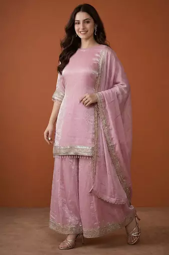 Embroidered Satin Straight Kurta Sharara and Dupatta Set