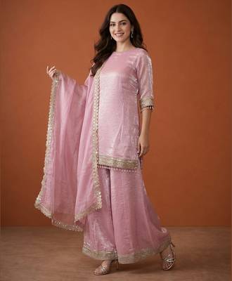 Embroidered Satin Straight Kurta Sharara and Dupatta Set 3