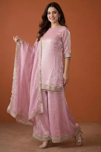 Embroidered Satin Straight Kurta Sharara and Dupatta Set
