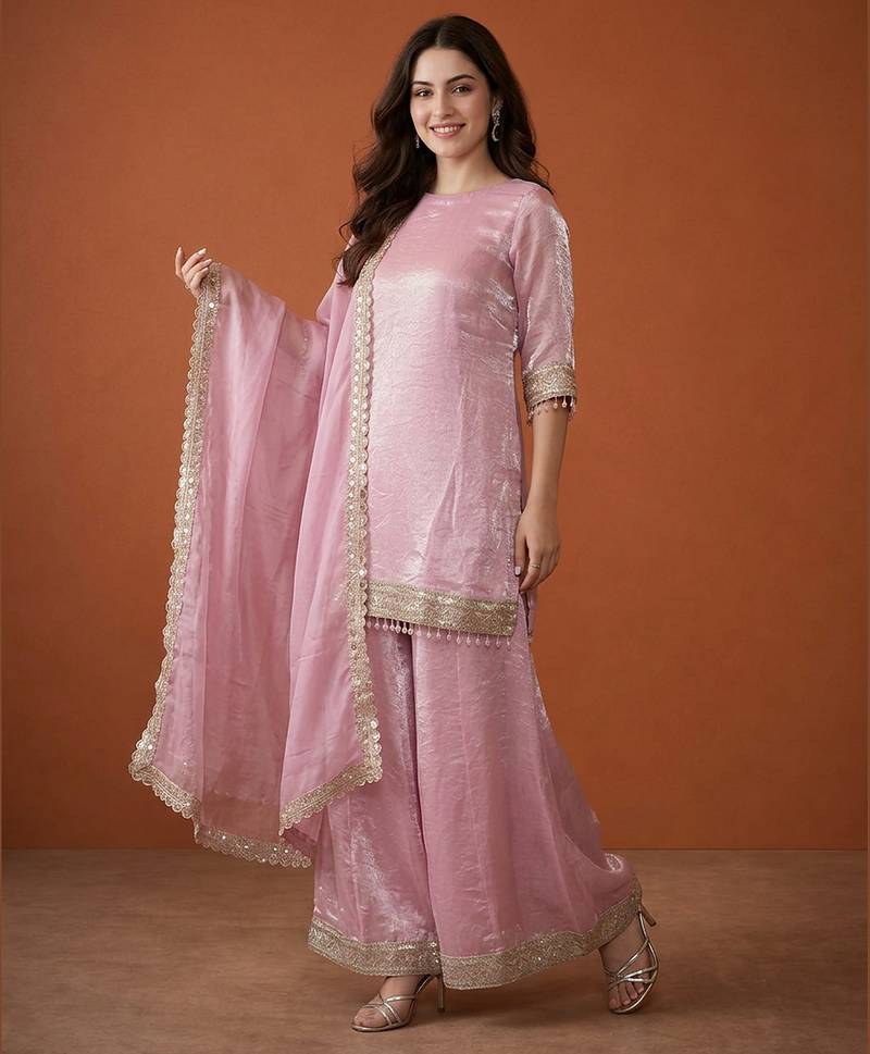 Embroidered Satin Straight Kurta Sharara and Dupatta Set