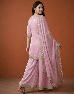 Embroidered Satin Straight Kurta Sharara and Dupatta Set 4