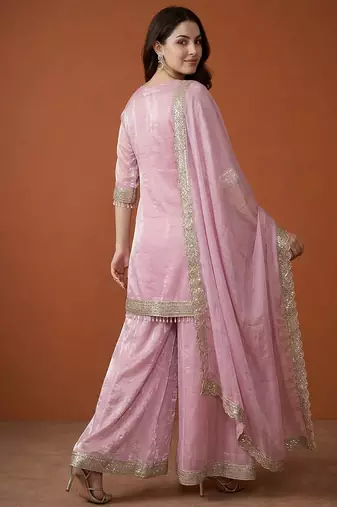 Embroidered Satin Straight Kurta Sharara and Dupatta Set