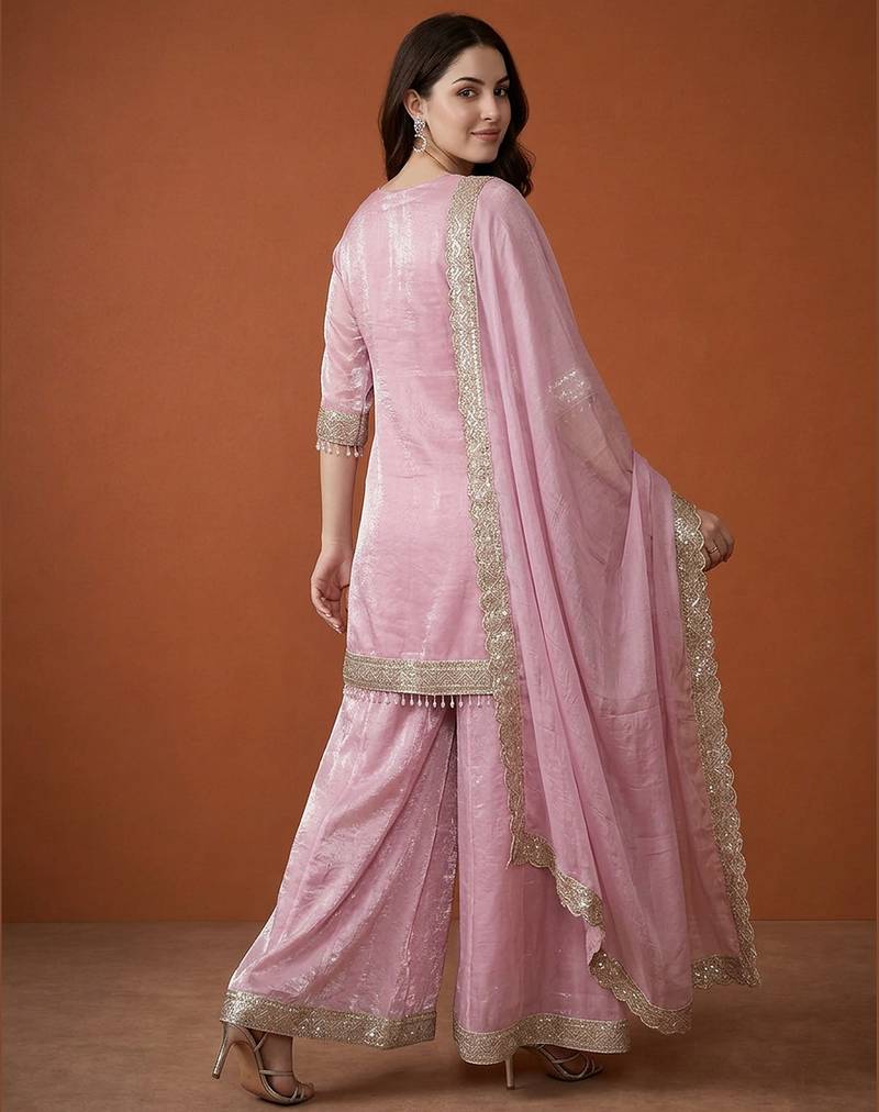 Embroidered Satin Straight Kurta Sharara and Dupatta Set