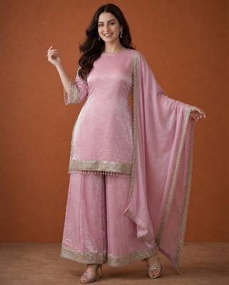 Embroidered Satin Straight Kurta Sharara and Dupatta Set 5