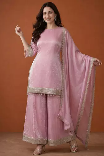 Embroidered Satin Straight Kurta Sharara and Dupatta Set
