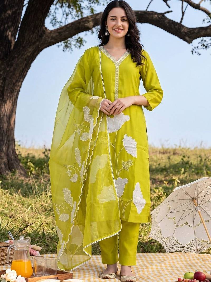 Women Floral Embroidered Regular Thread Work Kurta with Trousers & With Dupatta