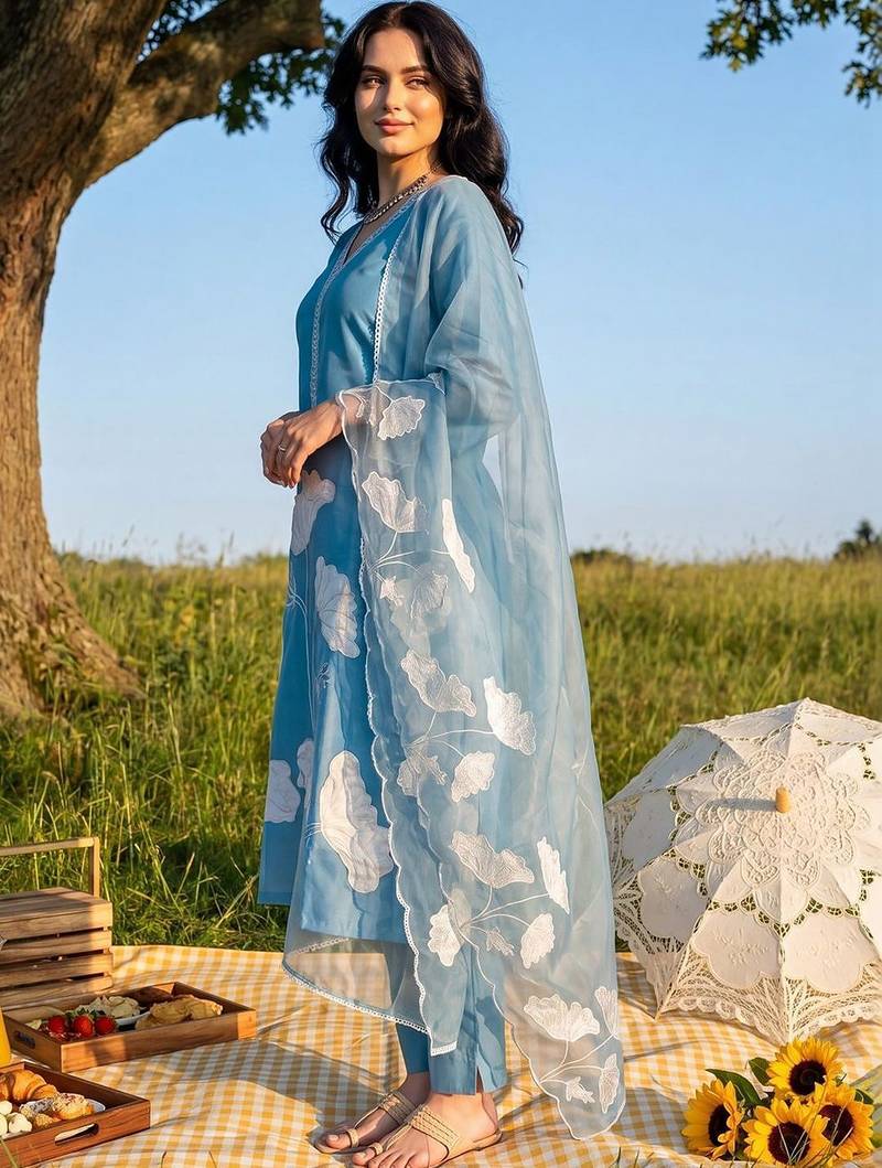 Women Floral Embroidered Regular Thread Work Kurta with Trousers & With Dupatta