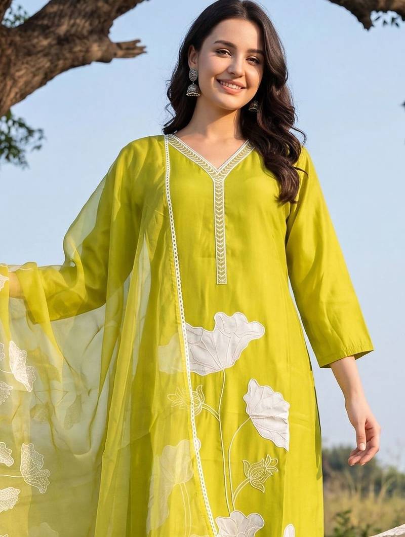 Women Floral Embroidered Regular Chikankari Kurta with Trousers & With Dupatta