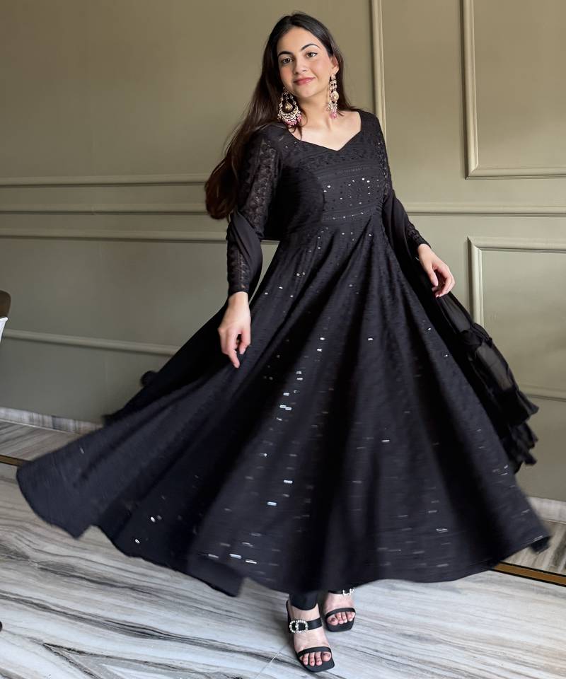 Women's Gorgeous Embroidery Work Fox Georgette Fabric Flared Anarkali Pant and Dupatta Set