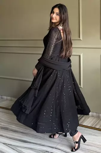 Women's Gorgeous Embroidery Work Fox Georgette Fabric Flared Anarkali Pant and Dupatta Set