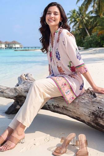 Women Floral Printed Pleated Thread Work Pure Cotton Kurti with Trousers