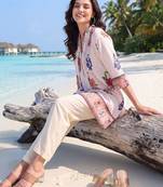 Women Floral Printed Pleated Thread Work Pure Cotton Kurti with Trousers
