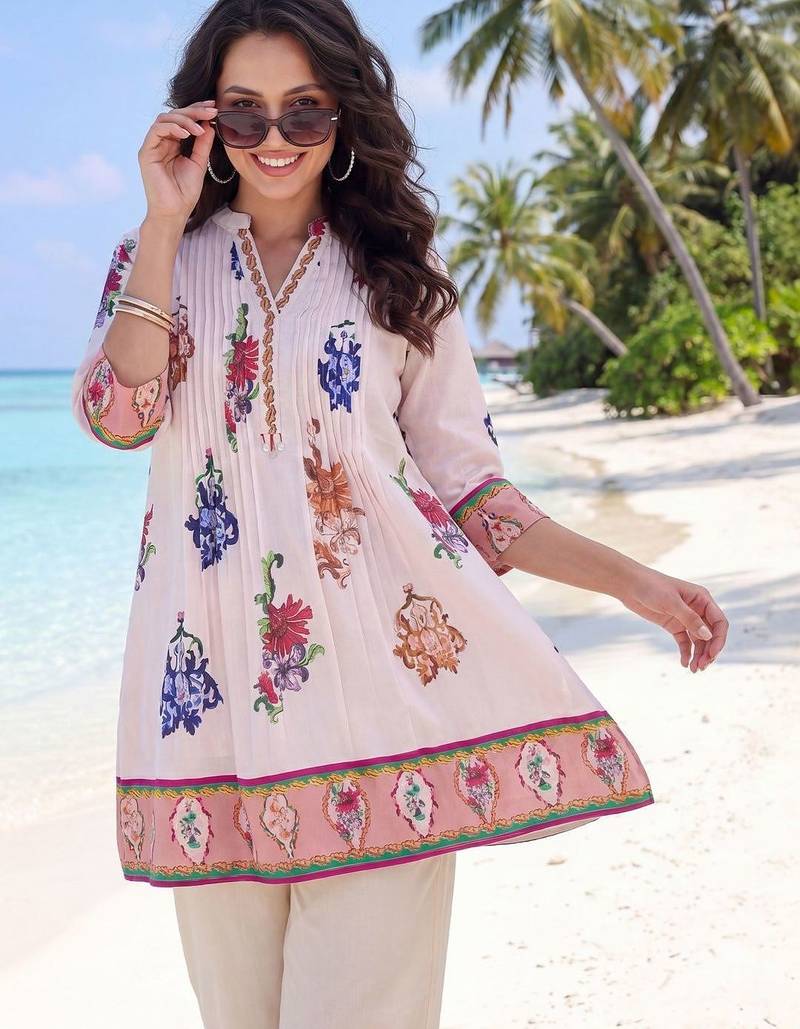Women Floral Printed Pleated Thread Work Pure Cotton Kurti with Trousers