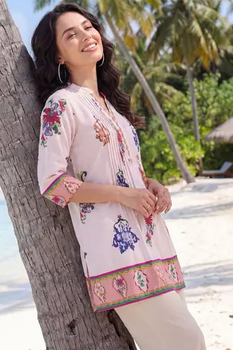 Women Floral Printed Pleated Thread Work Pure Cotton Kurti with Trousers