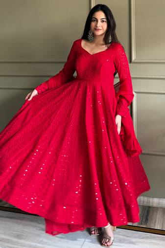 Embroidered Fox Georgette Flared Anarkali Pant and Dupatta Set
