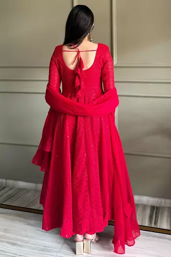 Embroidered Fox Georgette Flared Anarkali Pant and Dupatta Set
