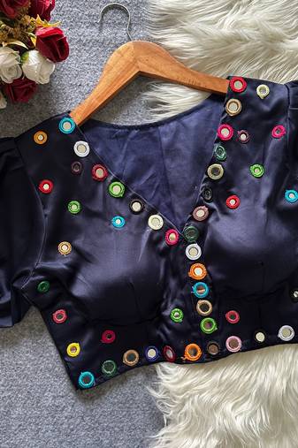 Navy blue navratri satin silk blend mirror work blouse