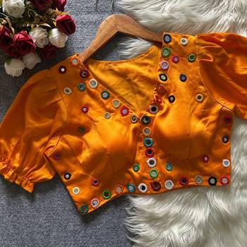 Orange navratri satin silk blend mirror work blouse 1