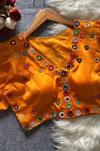 Orange navratri satin silk blend mirror work blouse