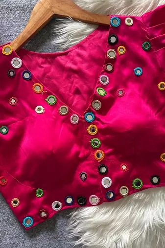Pink navratri satin silk blend mirror work blouse
