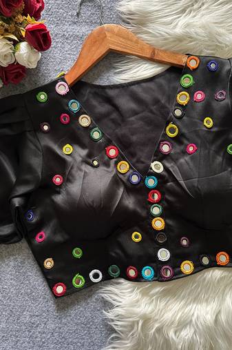 Black navratri satin silk blend mirror work blouse