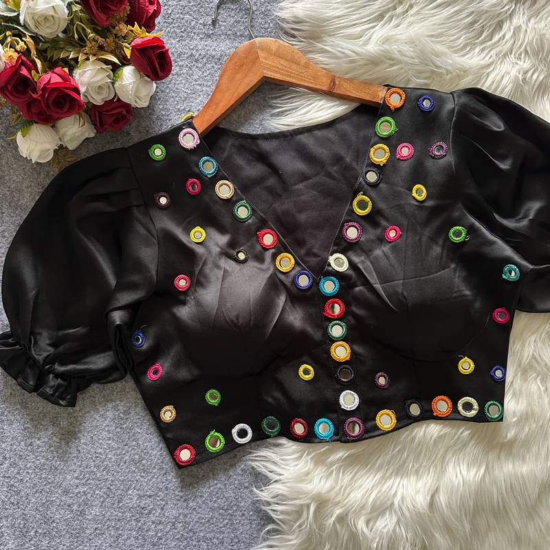 Black navratri satin silk blend mirror work blouse