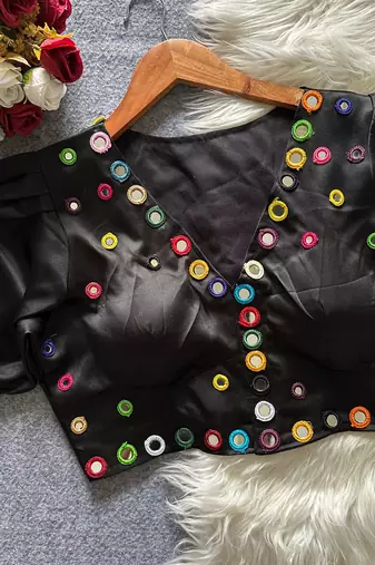 Black navratri satin silk blend mirror work blouse