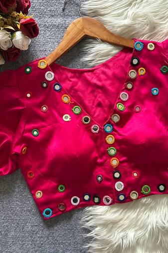 Rani pink navratri satin silk blend mirror work blouse