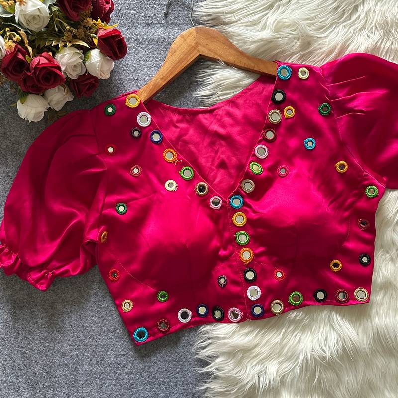 Rani pink navratri satin silk blend mirror work blouse