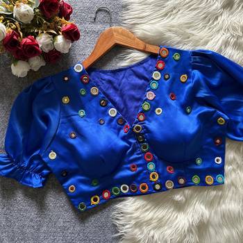 Blue navratri satin silk blend mirror work blouse 1