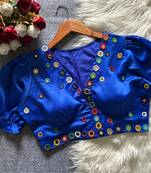 Blue navratri satin silk blend mirror work blouse