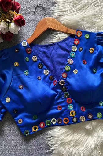 Blue navratri satin silk blend mirror work blouse