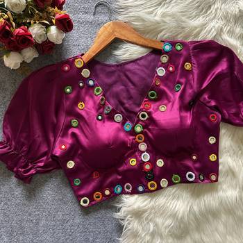 Wine navratri satin silk blend mirror work blouse 1