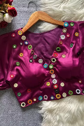 Wine navratri satin silk blend mirror work blouse