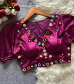 Wine navratri satin silk blend mirror work blouse