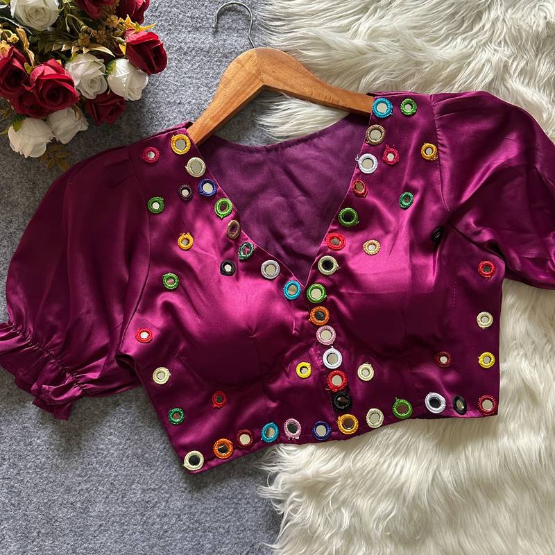 Wine navratri satin silk blend mirror work blouse