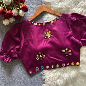 Wine navratri satin silk blend mirror work blouse 2