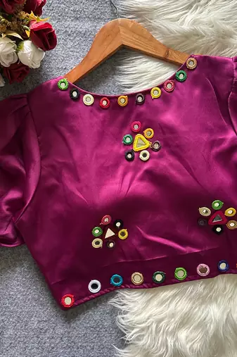 Wine navratri satin silk blend mirror work blouse