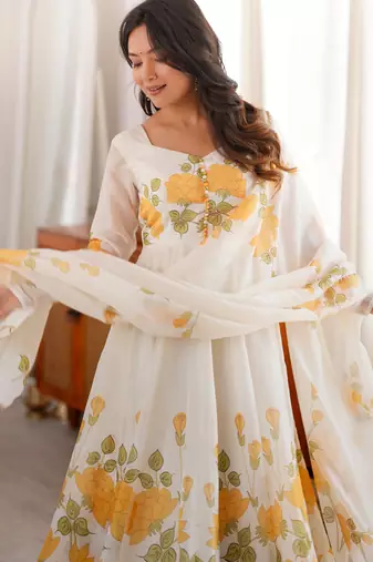 Printed Organza Silk Flared Anarkali Pant and Dupatta Set