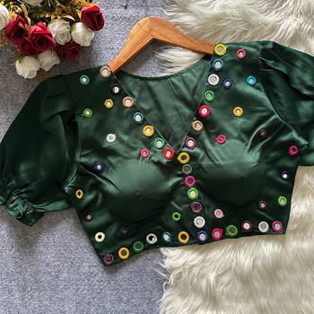 Green navratri satin silk blend mirror work blouse 1