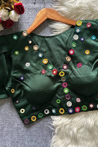 Green navratri satin silk blend mirror work blouse